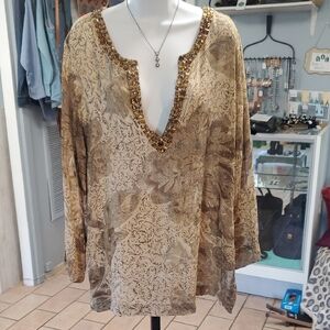 Chico's 100% Silk Embellished 3/4 Sleeve Blouse, 3/XL